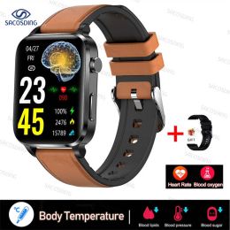 2023 Thermometer Smart Watch Men Sangao Laser Treat Health Heart Rate Blood Pressure Sport Smartwatch Sleep Monitoring (Color: Leather brown)