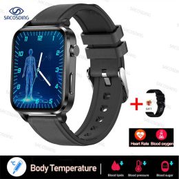 2023 Thermometer Smart Watch Men Sangao Laser Treat Health Heart Rate Blood Pressure Sport Smartwatch Sleep Monitoring (Color: Leather black)