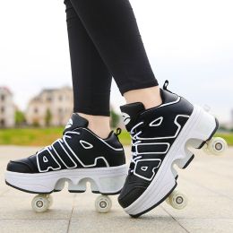 Boys And Girls Double Wheel Row Sneakers Can Be Put Away (Option: 1208Black-40)