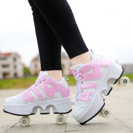 Boys And Girls Double Wheel Row Sneakers Can Be Put Away (Option: 1208Pink-39)